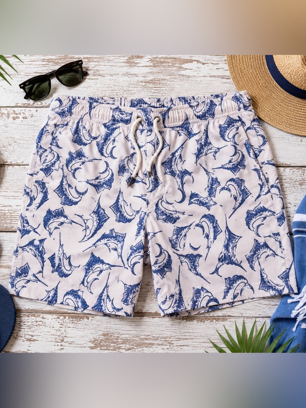 Old Navy Men’s XXL Swordfish Print Pull-On Shorts Coastal Beach Summer Nautical